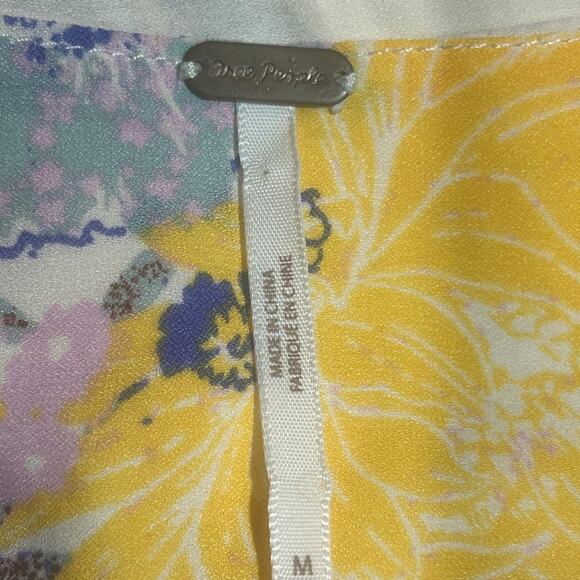 Free People Size Medium Powder Pink Floral Tiered Ruched Trim Empire Waist Tunic - Picture 11 of 13